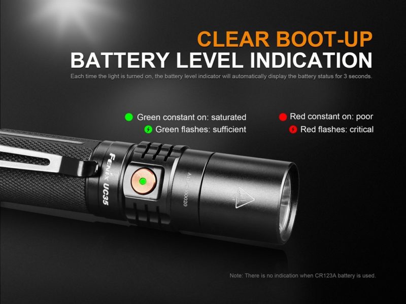 Fenix UC35 V2 met een duidelijke en accurate batterij indicator