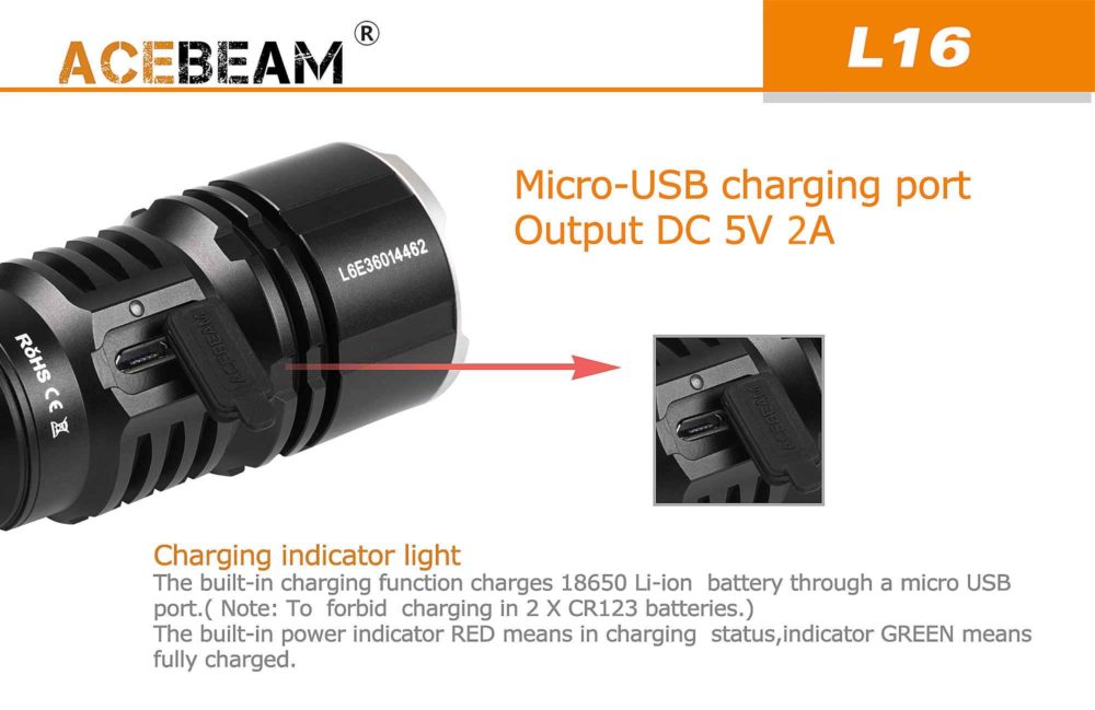 Acebeam L16 Oplaadbare LED Zaklamp met oplaad indicator