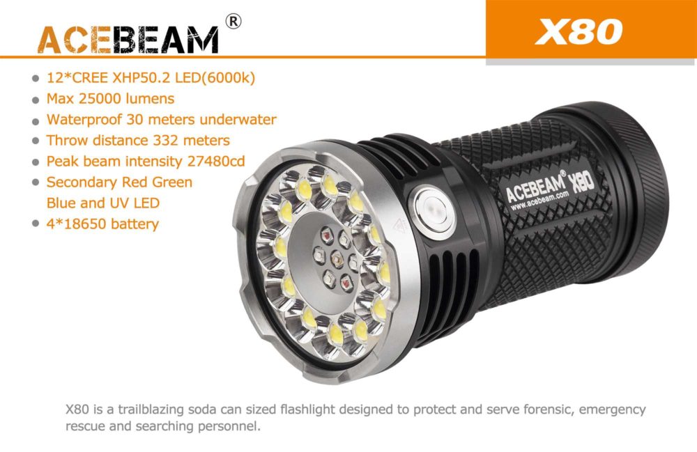 lippen Detecteerbaar Gevestigde theorie ACEBEAM X80 LED Zaklamp 25000 Lumen - Zaklampwinkel.com