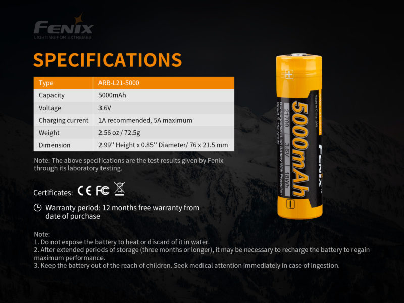 Fenix ARB-L21 5000 mAh 21700 batterij - specificaties