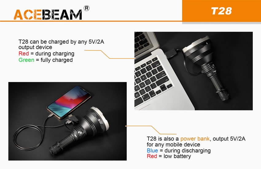 Acebeam T28 Opladen via USB-C, ook te gebruiken als powerbank
