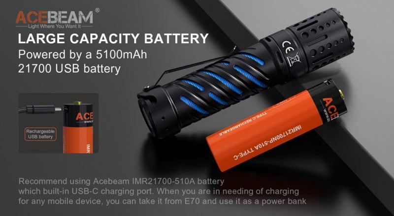 21700 batterij en Acebeam E70-AL