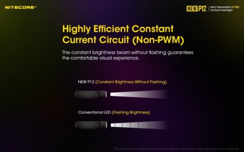 Nitecore P12 met zeer efficient constante stroom circuit voor een constante lichtbundel